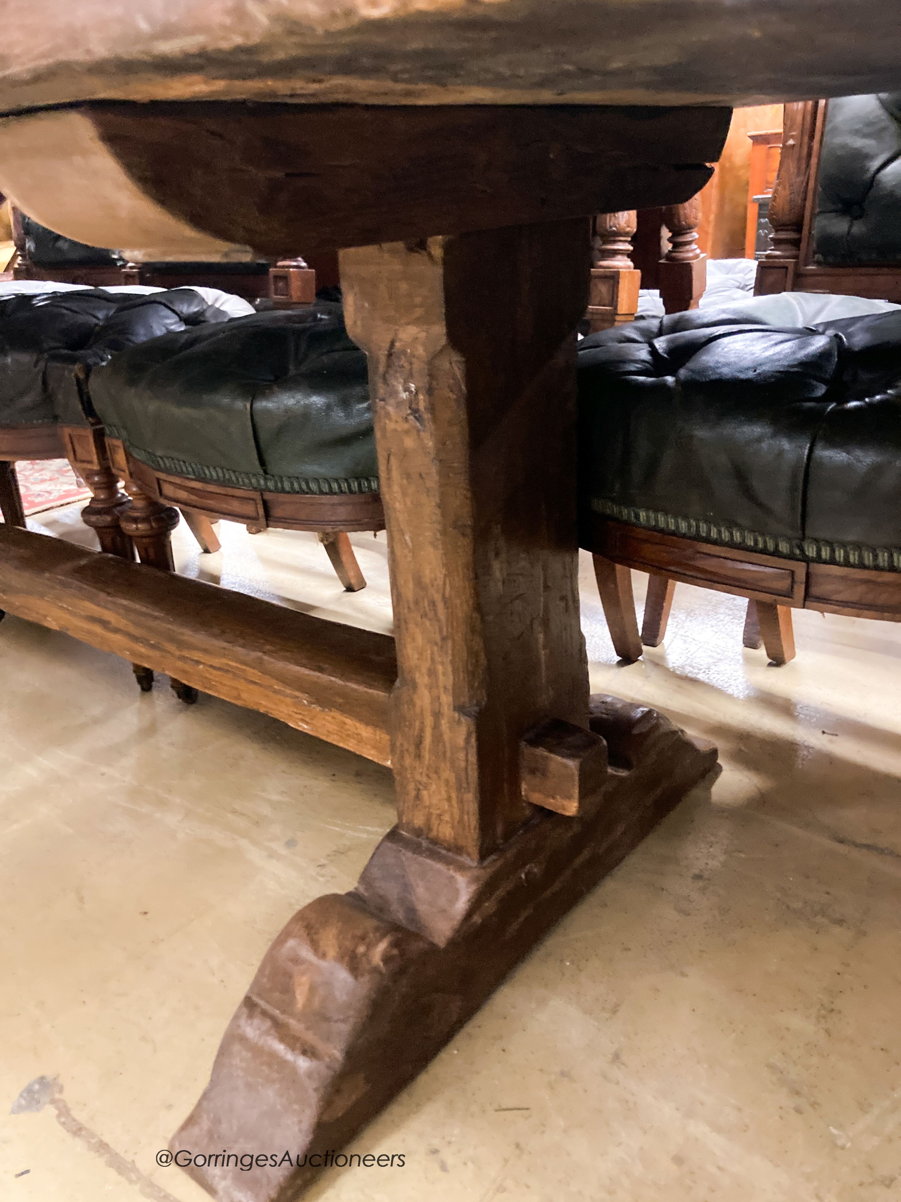 An oak single plank farmhouse table, late 19th century, width 220cm, depth 74cm, height 74cm